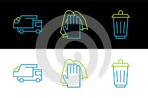 Set line Trash can, Garbage truck and Cleaning service icon. Vector