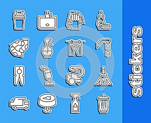 Set line Trash can, Handle broom, Shower head, Cleaning service, Water spray bottle, Socks, and Drying clothes icon