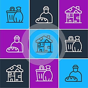 Set line Trash can, Homeless cardboard house and Feeding the homeless icon. Vector