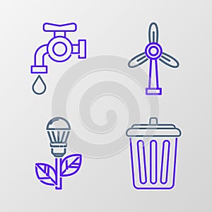 Set line Trash can, Light bulb with leaf, Wind turbine and Water tap icon. Vector