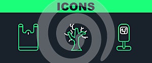 Set line Trash can, Plastic bag and Withered tree icon. Vector