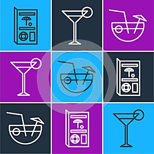 Set line Travel brochure, Coconut cocktail and Martini glass icon. Vector