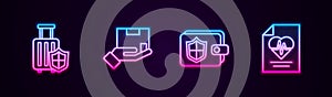 Set line Travel suitcase with shield, Delivery insurance, Wallet and Health. Glowing neon icon. Vector