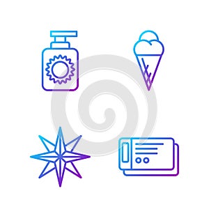 Set line Travel ticket, Wind rose, Sunscreen spray bottle and Ice cream in waffle cone. Gradient color icons. Vector