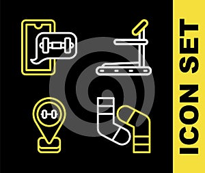 Set line Treadmill machine, Socks, Location gym and Fitness app icon. Vector