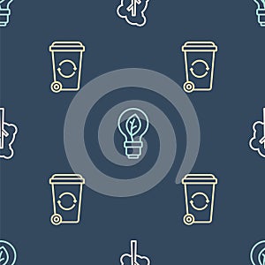 Set line Tree, Recycle bin and Light bulb with leaf on seamless pattern. Vector