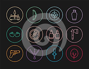 Set line Tree, Wooden axe, Target sport, Compass, Glasses, Camping gas stove, Binoculars and Bow icon. Vector