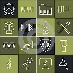 Set line Triangle, Drum, sticks, Grand piano, Accordion, Ancient lyre, drum and Guitar icon. Vector