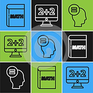 Set line Triangle math, Test or exam sheet and Graph, schedule, chart, diagram icon. Vector