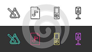 Set line Triangle musical instrument, MP3 file document, Music player and Stereo speaker on black and white. Vector