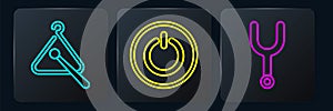 Set line Triangle musical instrument, Musical tuning fork and Power button. Black square button. Vector