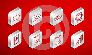 Set line Triangular ruler, Arrow, Tape measure, Bus, Audio book, and icon. Vector