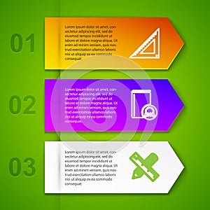 Set line Triangular ruler, Audio book, Crossed and pencil and Open. Business infographic template. Vector
