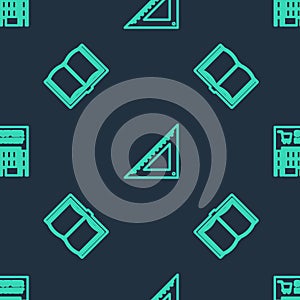 Set line Triangular ruler, Open book and Supermarket building on seamless pattern. Vector