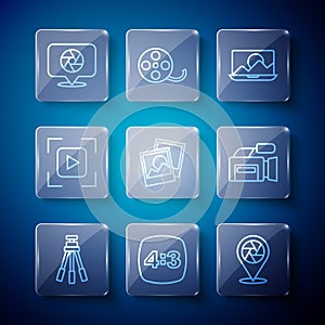 Set line Tripod, Photo frame 4, Camera shutter, retouching, focus line, and Cinema camera icon. Vector