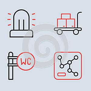 Set line Trolley suitcase, Toilet, Railway map and Flasher siren icon. Vector