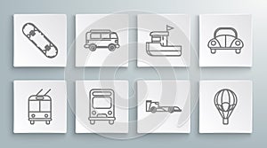 Set line Trolleybus, Retro minivan, Bus, Formula race car, Hot air balloon, Fishing boat, Car and Skateboard icon