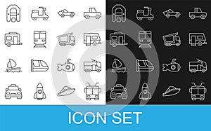 Set line Trolleybus, Rv Camping trailer, Car, Train and railway, Rafting boat and Delivery cargo truck icon. Vector