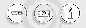 Set line Trophy Golden Globe, 3D cinema glasses and Play Video icon. Vector