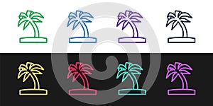 Set line Tropical palm tree icon isolated on black and white background. Coconut palm tree. Vector