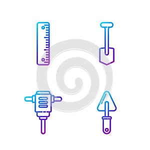 Set line Trowel, Electric rotary hammer drill, Ruler and Shovel. Gradient color icons. Vector