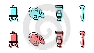 Set line Tube with paint palette, Easel or painting art boards, Palette and Paint brush icon. Vector