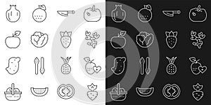 Set line Turnip, Healthy fruit, Ginger root, Knife, Cabbage, Apple, Pomegranate and Strawberry icon. Vector