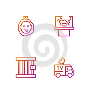 Set line TV News car, Prison window, Murder and Broken. Gradient color icons. Vector