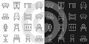 Set line TV table stand, Dressing, Sofa, Office desk, Armchair, and Bunk bed icon. Vector