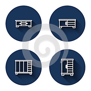 Set line TV table stand, Wardrobe and with long shadow. Blue circle button. Vector