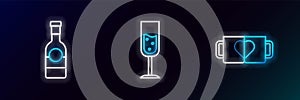 Set line Two coffee cup and heart, Champagne bottle and Glass champagne icon. Glowing neon. Vector