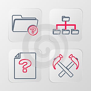 Set line Two crossed hammers, Unknown document, Folder tree and directory icon. Vector