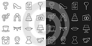 Set line Two Linked Hearts, Wedding cake, Greeting card, arch, Gender, Female gender symbol and with heart icon. Vector