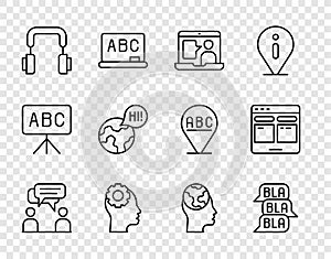 Set line Two sitting men talking, Speech bubble chat, Foreign language online study, Head with gear inside, Headphones