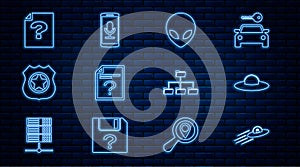 Set line UFO flying spaceship and alien, Alien, Unknown document, Police badge, Folder tree and Mobile recording icon