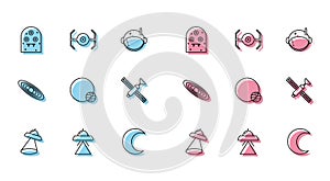 Set line UFO flying spaceship, Alien, Moon and stars, Planet, Satellite, and Cosmic icon. Vector