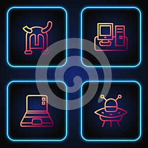 Set line UFO flying spaceship, Laptop, Viking horned helmet and Monitor with keyboard. Gradient color icons. Vector