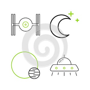 Set line UFO flying spaceship, Planet, Moon and stars and Cosmic icon. Vector