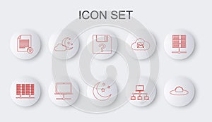Set line UFO flying spaceship, Server, Data, Web Hosting, Unknown document, Computer network, Cloud with moon and stars