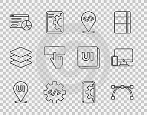 Set line UI or UX design, Bezier curve, Front end development, Website statistic, Keyboard, and Monitor and mobile icon