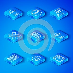 Set line UI or UX design, Cloud computing lock, Front end development, Crossed ruler and pencil, and Web icon. Vector