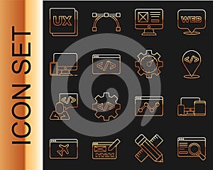 Set line UI or UX design, Monitor, mobile, tablet, Front end development, and, and Website statistic icon. Vector