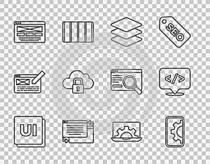 Set line UI or UX design, Web development, Layers, Cloud computing lock, and Front end icon. Vector