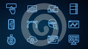 Set line UI or UX design, Website statistic, Monitor, mobile, tablet, Bezier curve, development, Keyboard, and icon