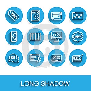 Set line UI or UX design, Website statistic, SEO optimization, Color palette guide, and development icon. Vector