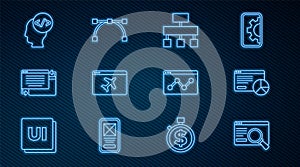 Set line UI or UX design, Website statistic, Site map, template, Front end development, and Bezier curve icon. Vector
