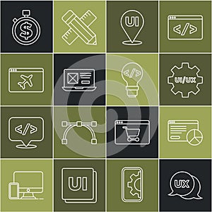 Set line UI or UX design, Website statistic, template, Time money and Front end development icon. Vector