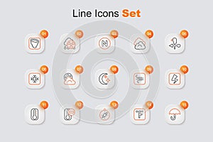 Set line Umbrella, Fahrenheit, Compass, Thermometer, Lightning bolt, Wind and Moon and stars icon. Vector