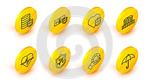 Set line Umbrella, Lifebuoy in hand, Plane with shield, insurance, House flood, Money and icon. Vector