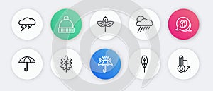 Set line Umbrella and rain drops, Leaf, Cloud with sun, Thermometer and icon. Vector